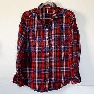 Free People red embroidered flannel shirt size Small